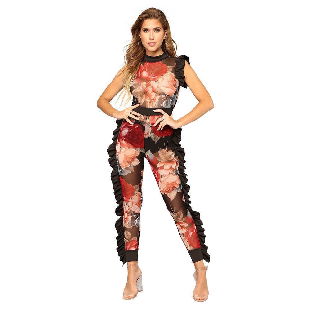 Fashion Ruffle High Waist Women Jumpsuit